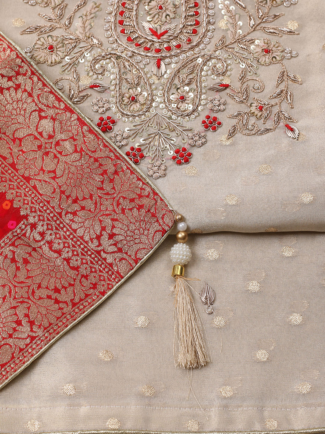 Embroidered Chanderi Unstitched Suit With Pant &amp; Dupatta