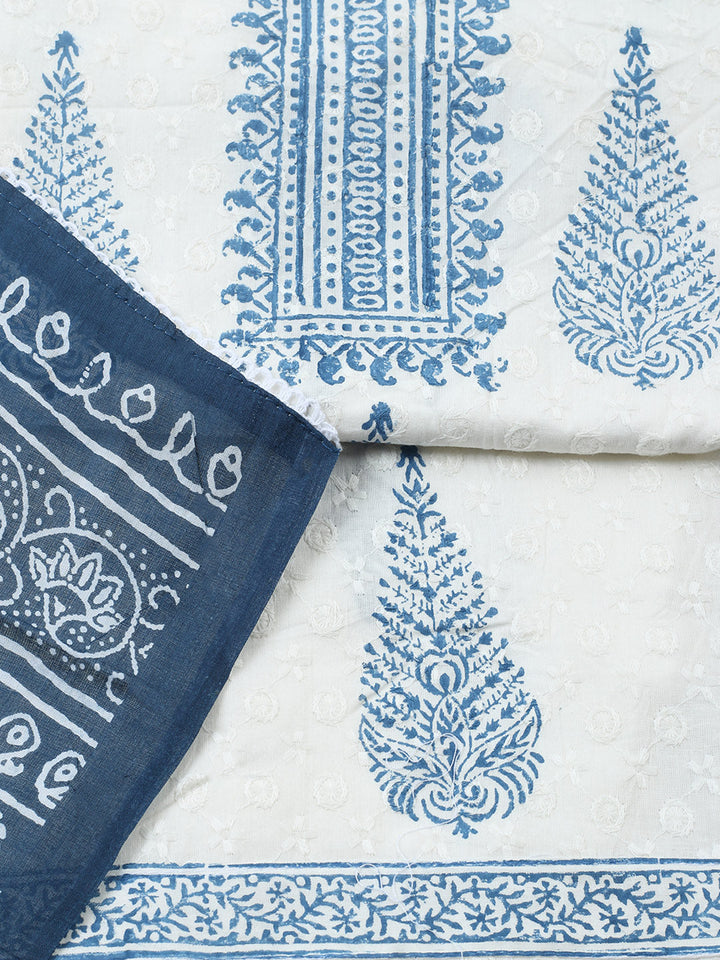 Embroidered Cotton Blend Unstitched Suit With Pant &amp; Dupatta