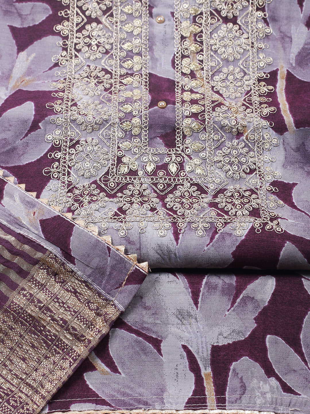 Printed Cotton Blend Unstitched Suit With Pant &amp; Dupatta