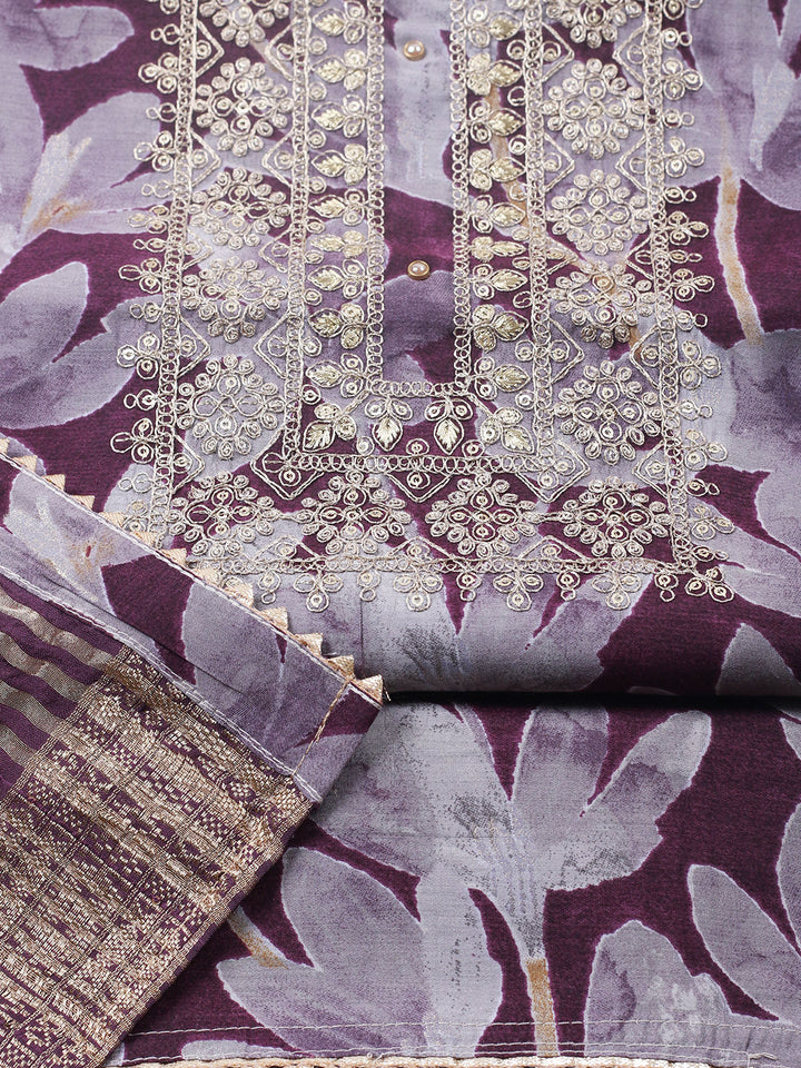 Printed Cotton Blend Unstitched Suit With Pant &amp; Dupatta