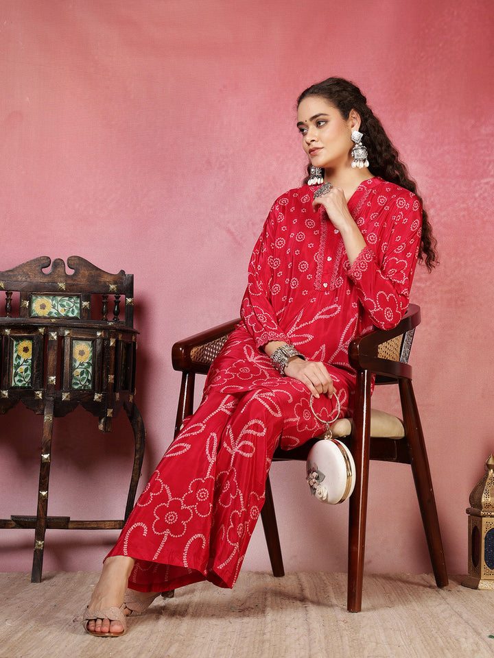 Hot Pink Crepe Printed A Line Kurta With Pant