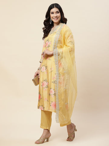 Floral Printed Muslin Kurta With Pants & Dupatta