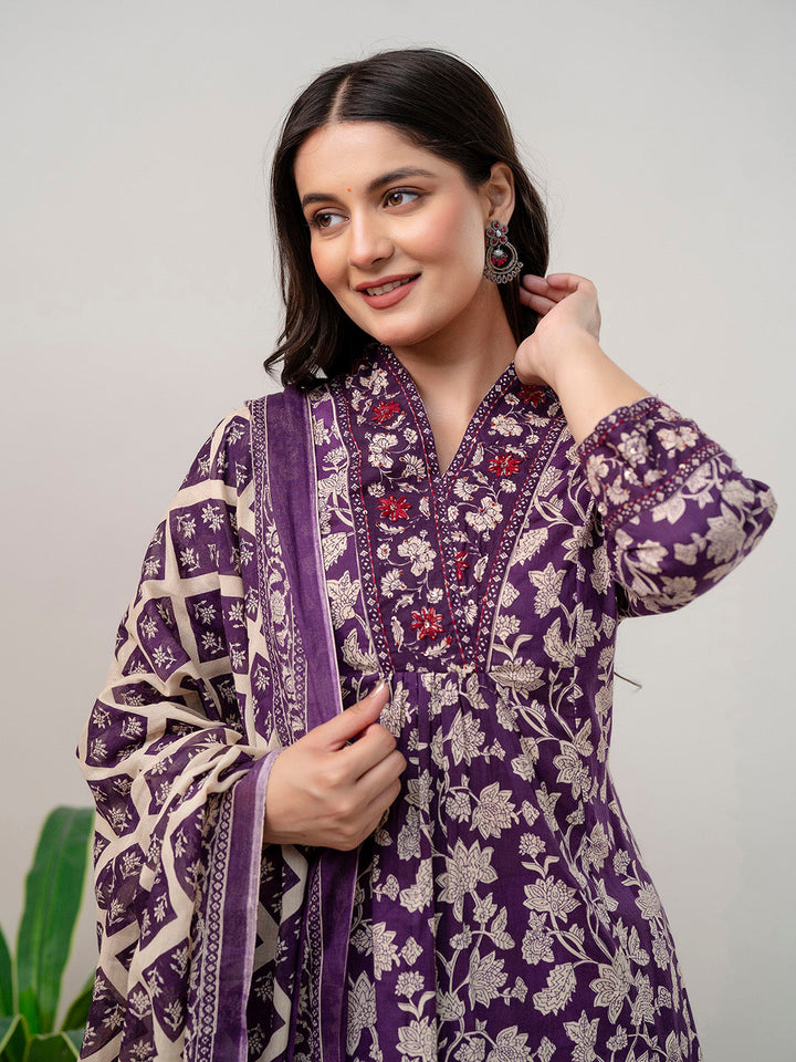 Floral Parinted Cotton Kurta With Pants &amp; Dupatta