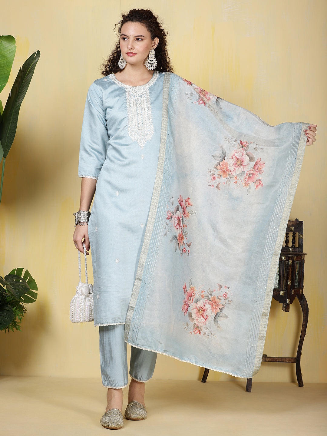 Neck Embroidered Cotton Blend Kurta With Pants & Dupatta