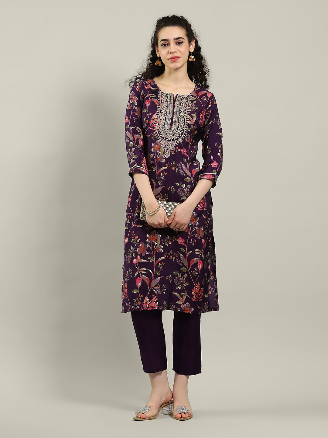 Neck Embroidered Muslin Kurta With Pants