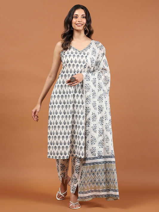 Printed Cotton Blend Kurta With Pants & Dupatta