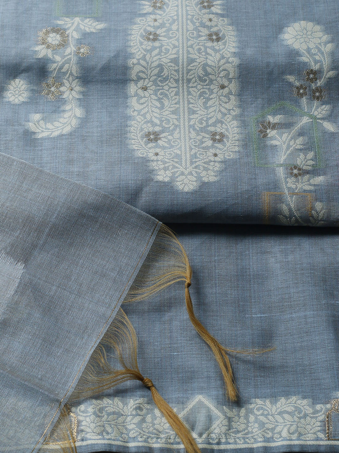 Printed Chanderi Unstitched Suit With Pant &amp; Dupatta