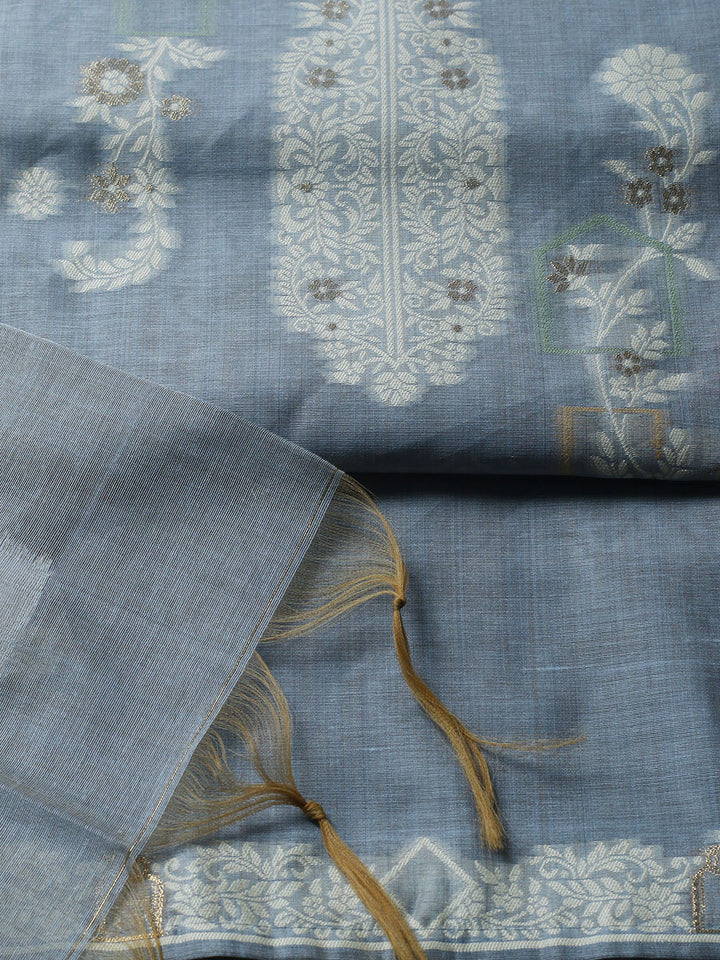 Printed Chanderi Unstitched Suit With Pant &amp; Dupatta