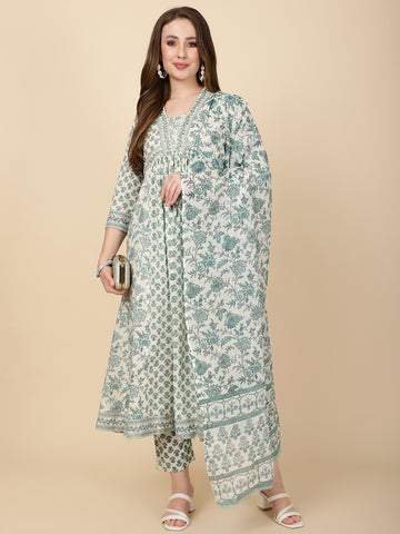 Floral Printed Cotton Kurta With Pants & Dupatta