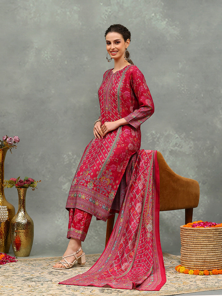 Printed Chanderi Kurta With Pant &amp; Dupatta