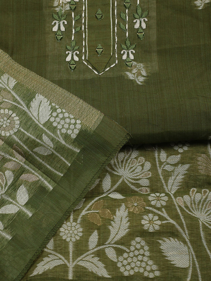 Embroidered Cotton Blend Unstitched Suit With Pant &amp; Dupatta