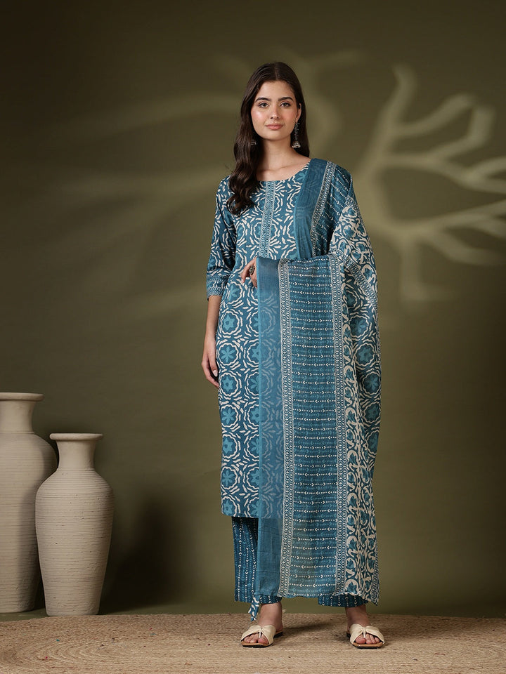 Printed Cotton Blend Kurta With Pant &amp; Dupatta