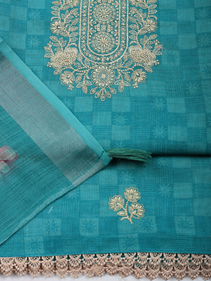 Embroidered Linen Blend Unstitched Suit With Pant &amp; Dupatta