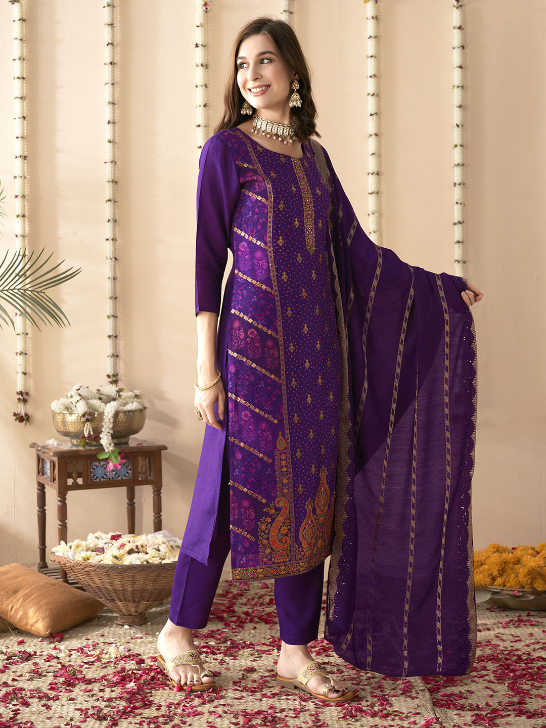 Embroidered Silk Kurta With Pant &amp; Dupatta