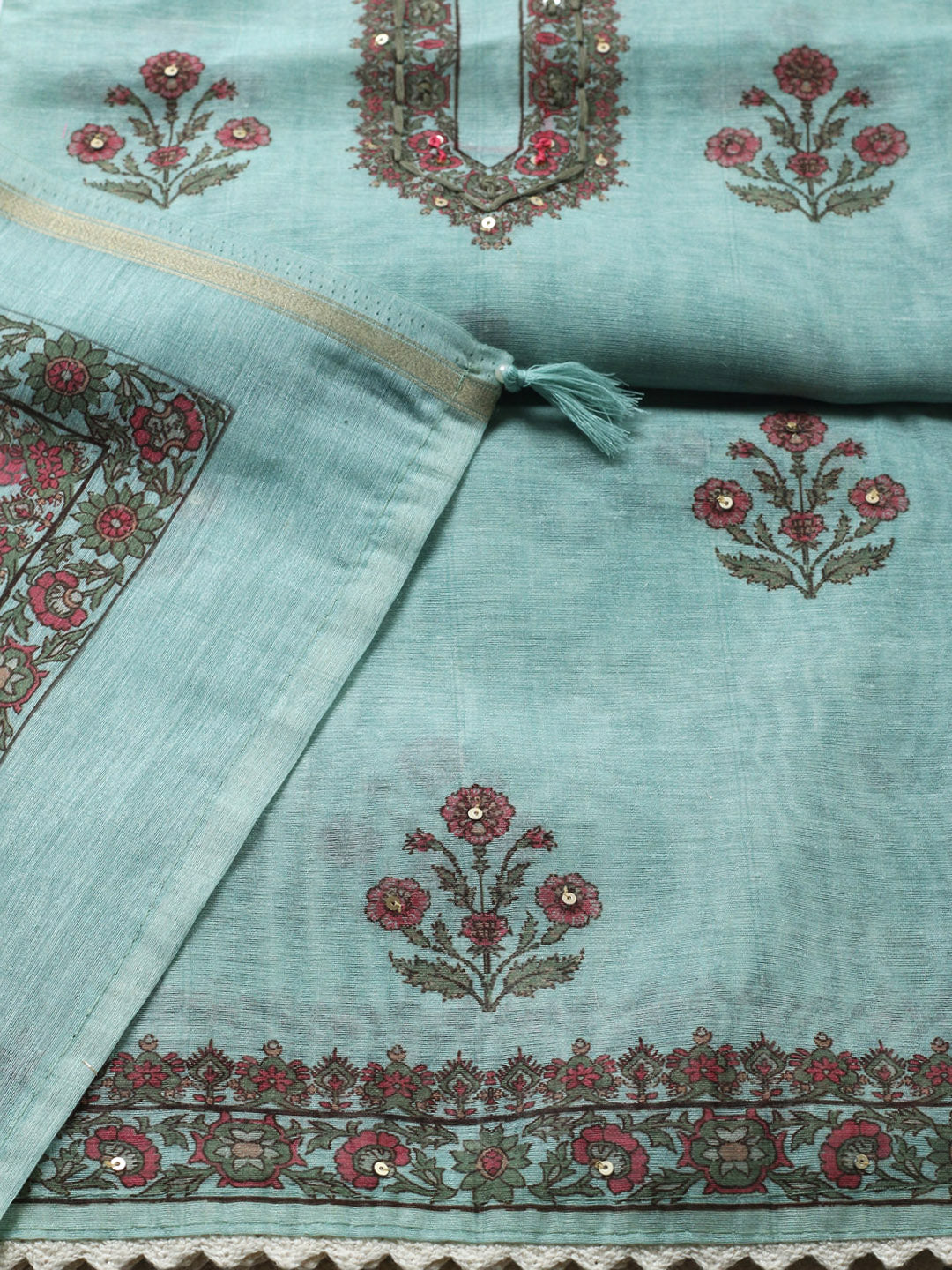 Embroidered Chanderi Unstitched Suit With Pant &amp; Dupatta