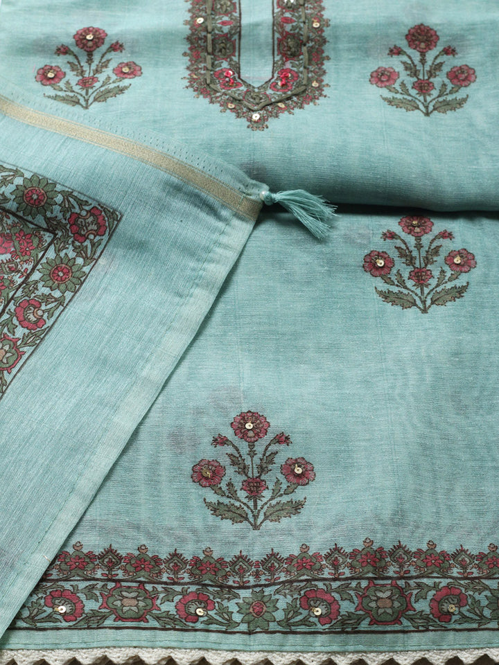 Embroidered Chanderi Unstitched Suit With Pant &amp; Dupatta