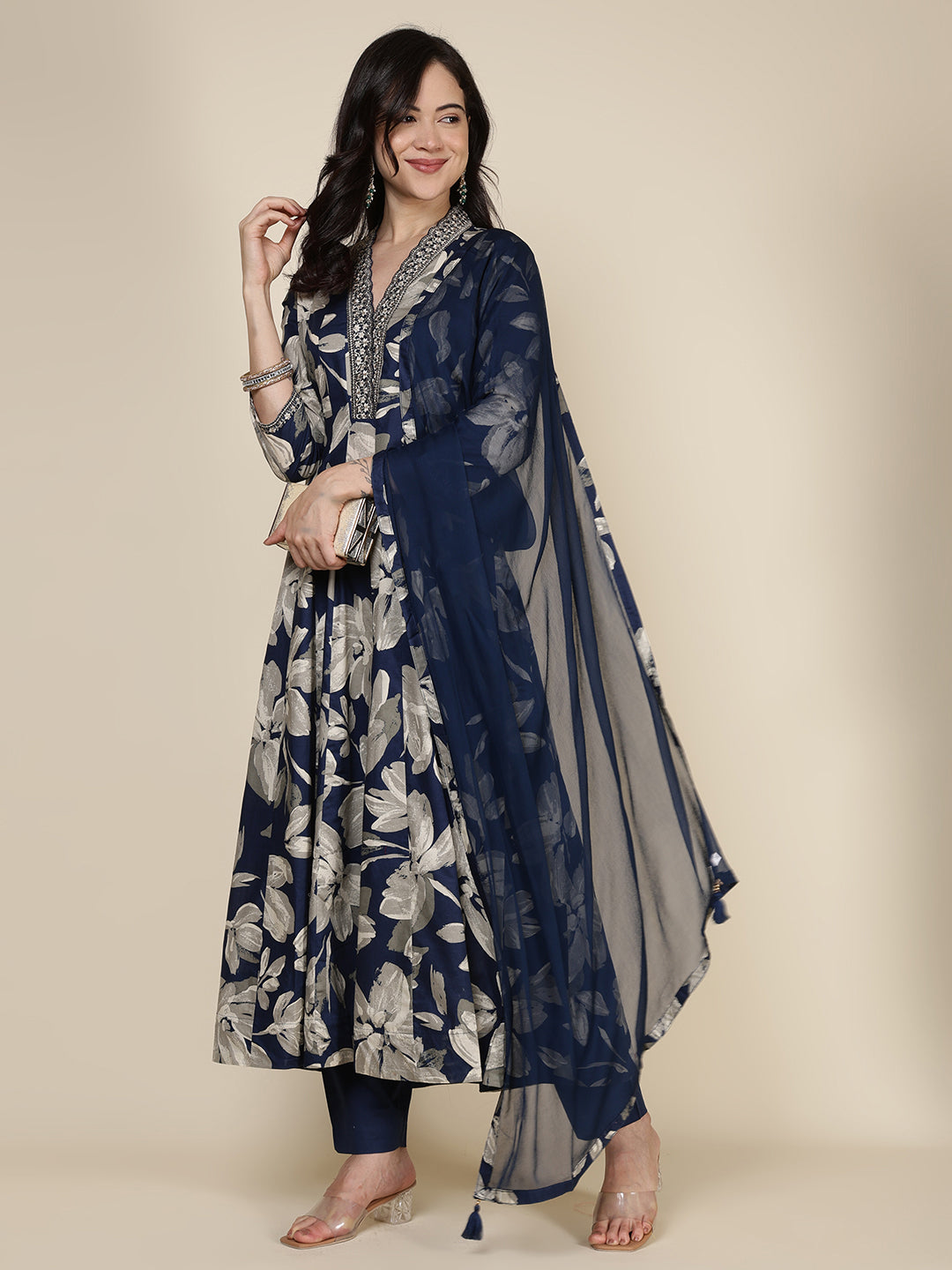 Printed Cotton Blend Kurta With Pants & Dupatta