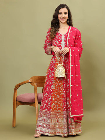 Embroidered Sequin Georgette Anarkali With Pants & Dupatta