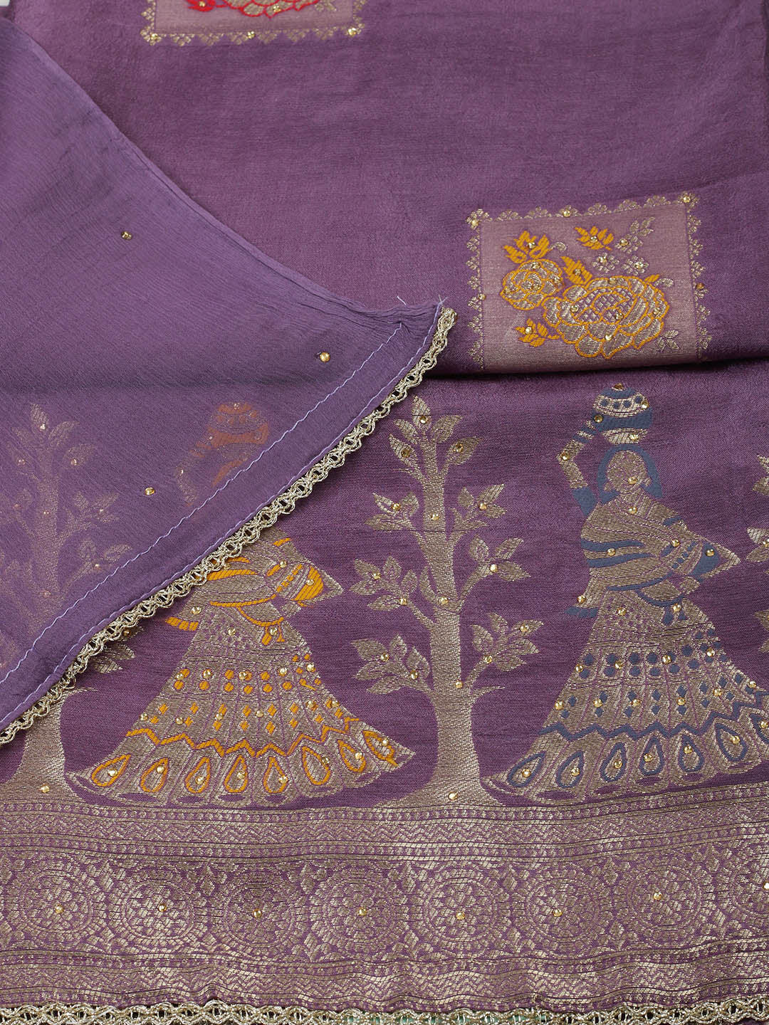 Woven Design Chanderi Unstitched Suit With Pant &amp; Dupatta