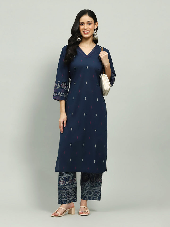Plain Cotton Blend Kurta With Pants
