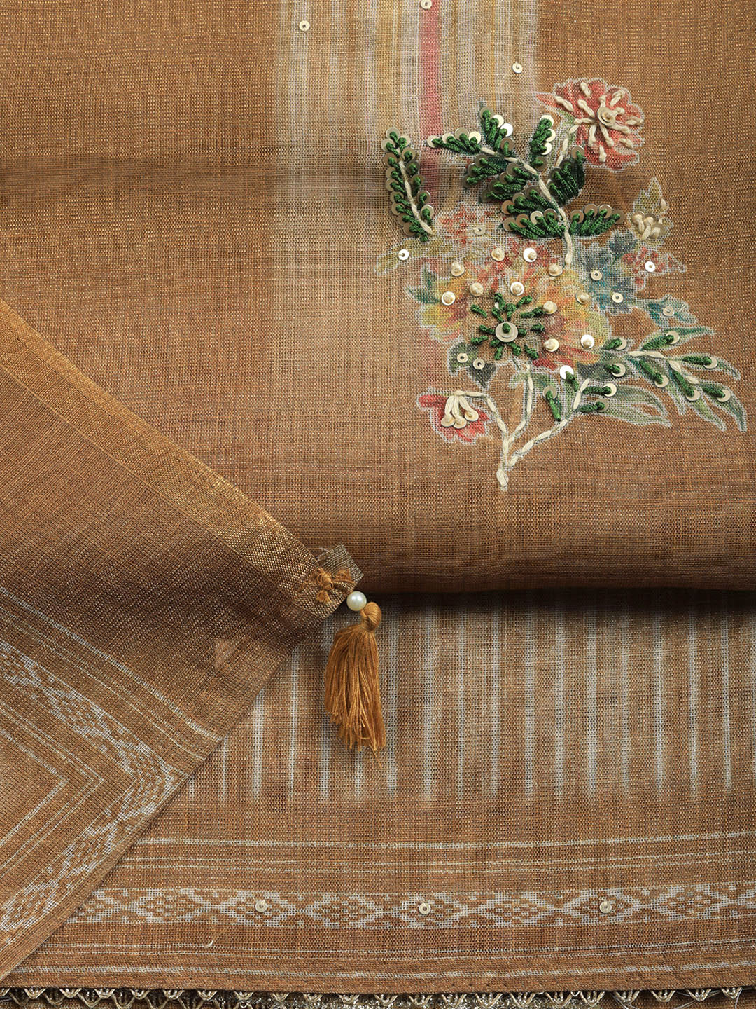 Printed Linen Blend Unstitched Suit With Pant &amp; Dupatta