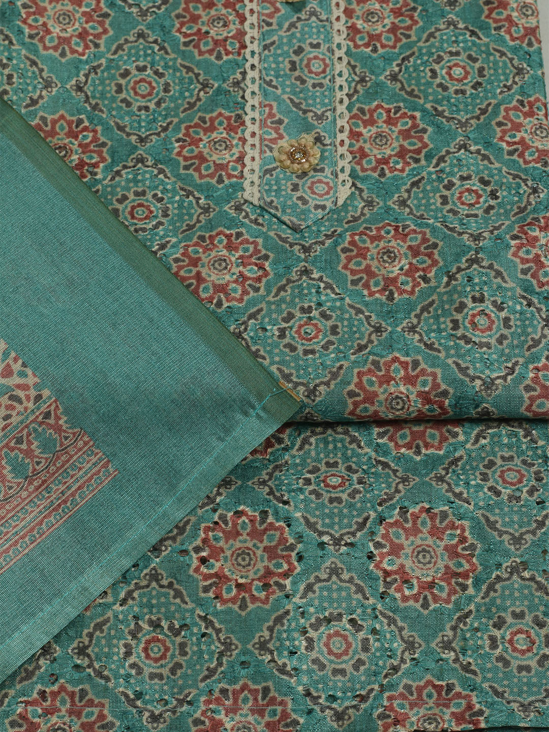 Printed Cotton Unstitched Suit With Pant &amp; Dupatta
