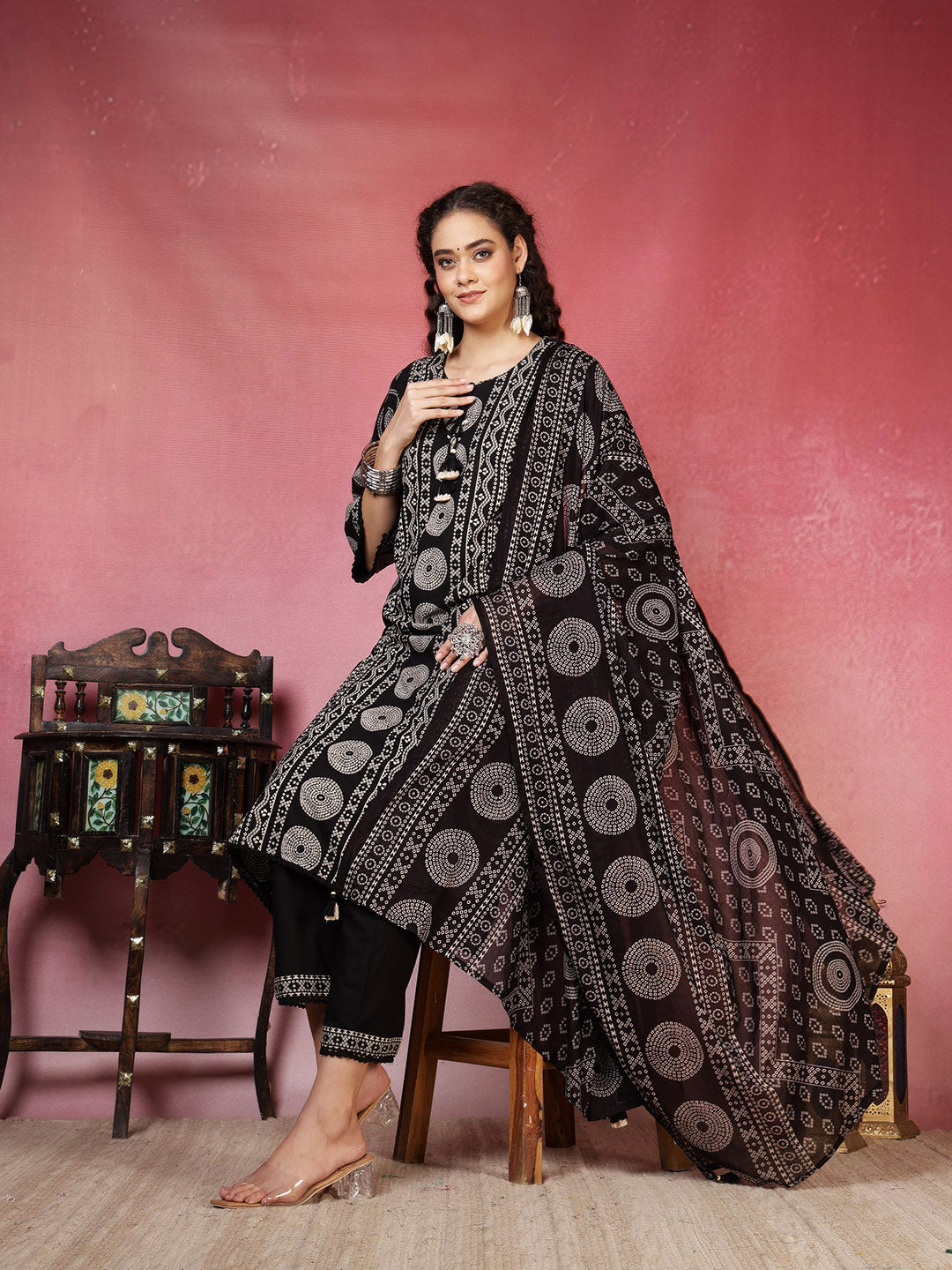 Printed Cotton Blend Kurta With Pants & Dupatta