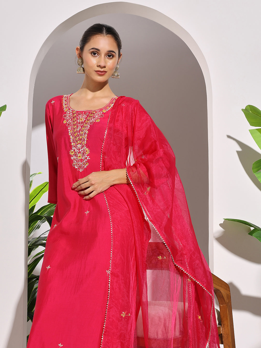 Embroidered Muslin Kurta With Pants & Dupatta