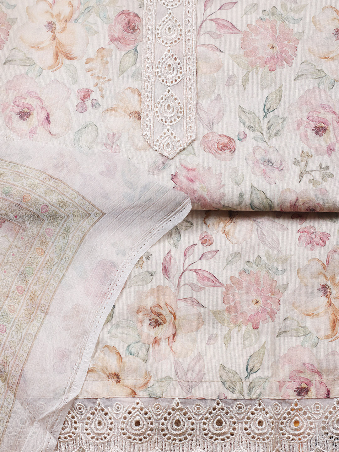 Embroidered Cotton Blend Unstitched Suit With Pant &amp; Dupatta