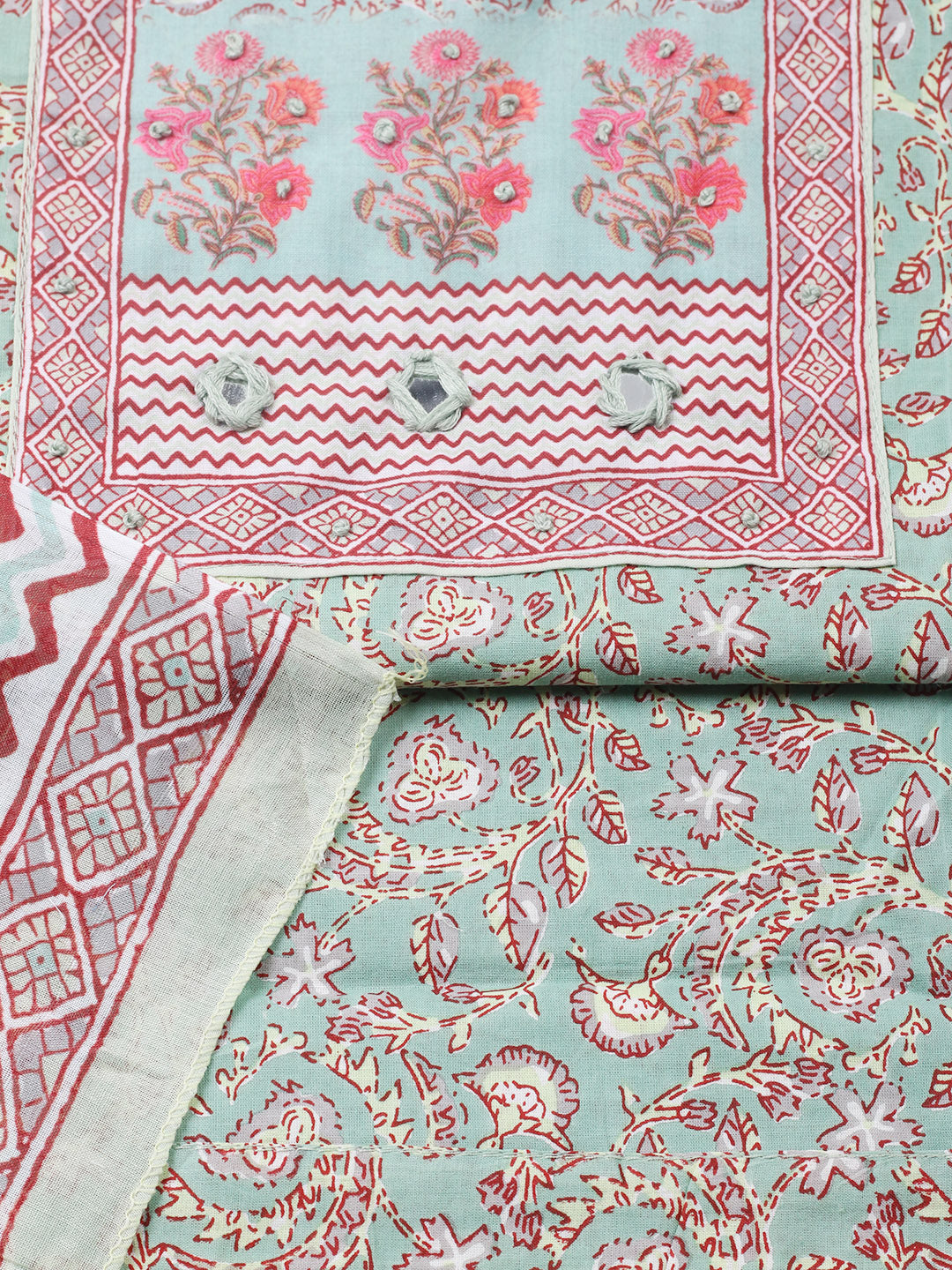 Printed Cotton Blend Unstitched Suit With Pant &amp; Dupatta