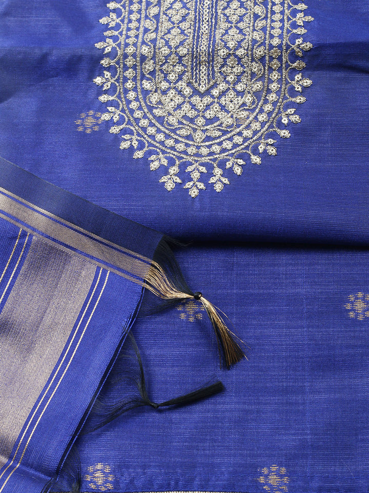 Embroidered Chanderi Unstitched Suit With Pant &amp; Dupatta