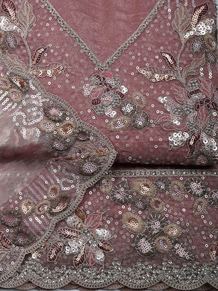 Embroidered Organza Unstitched Suit With Pant &amp; Dupatta