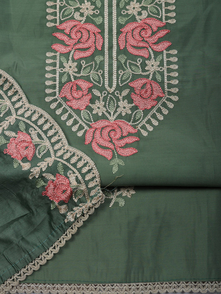 Embroidered Chanderi Unstitched Suit With Pant &amp; Dupatta