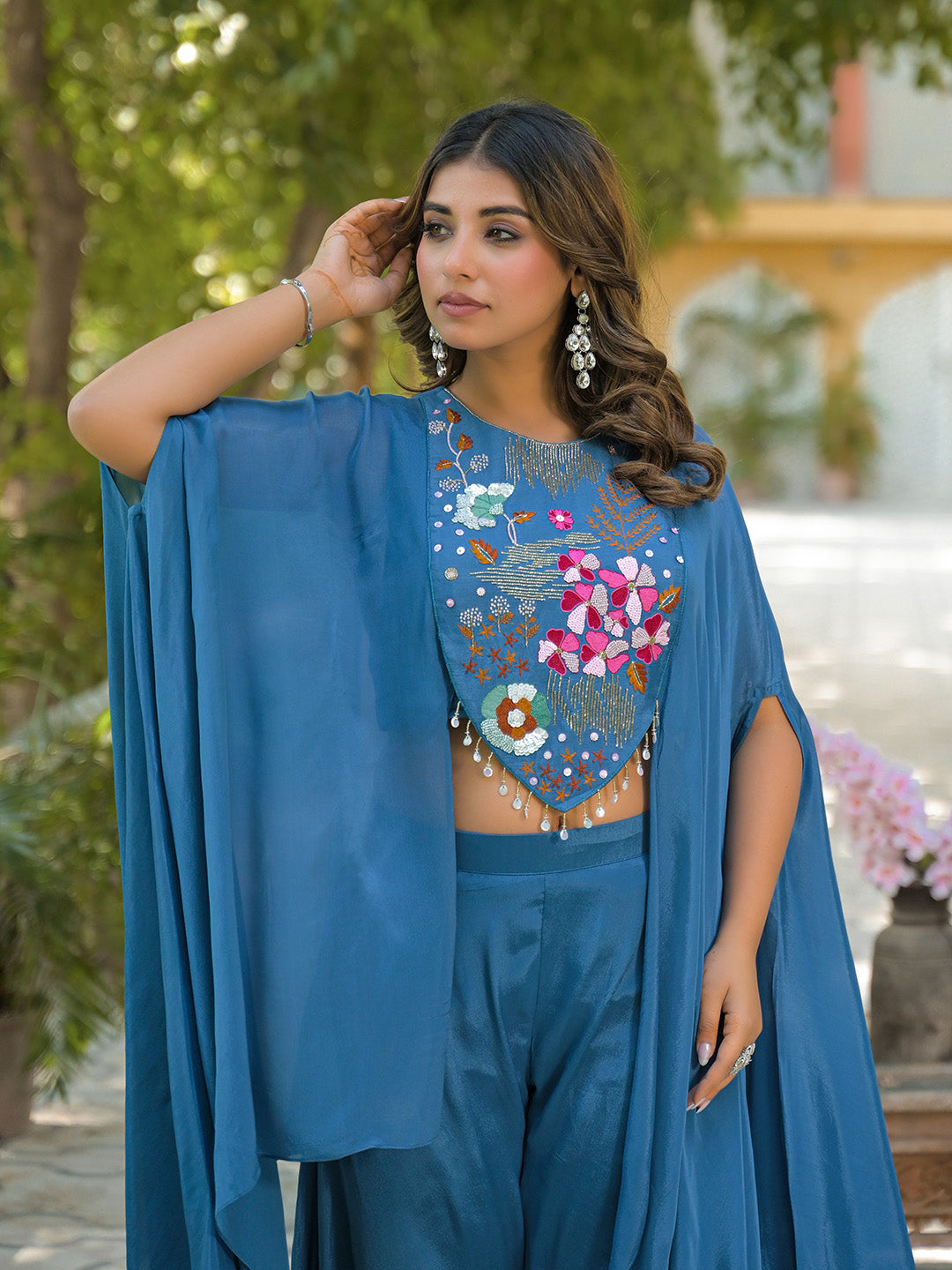 Embroidered Chinon Top With Plazzo