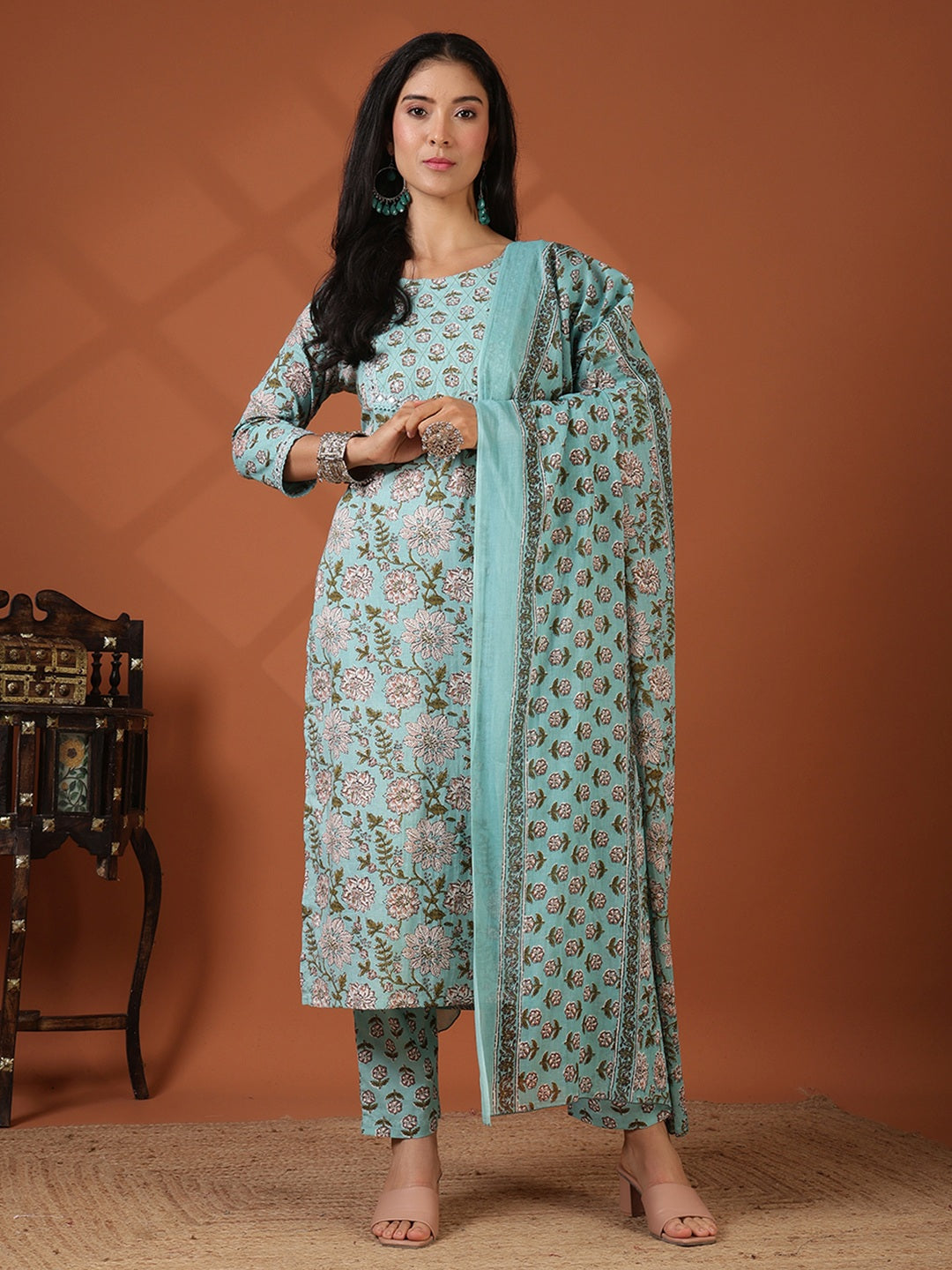 Printed Cotton Blend Kurta With Pant &amp; Dupatta