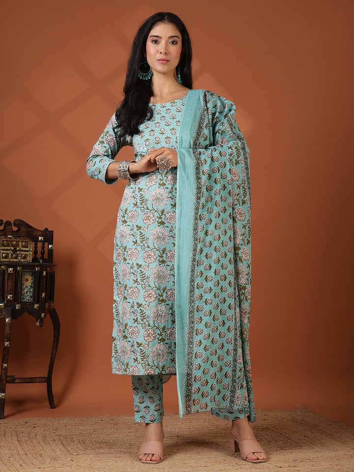 Printed Cotton Blend Kurta With Pant &amp; Dupatta