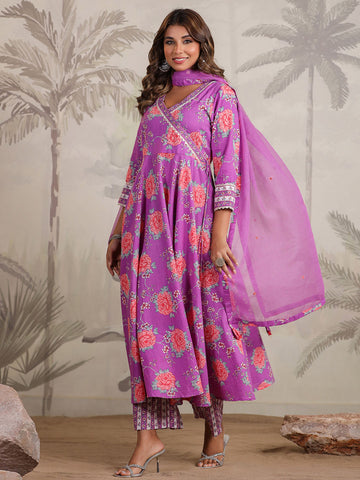 Floral Printed Cotton Blend Kurta With Pants & Dupatta