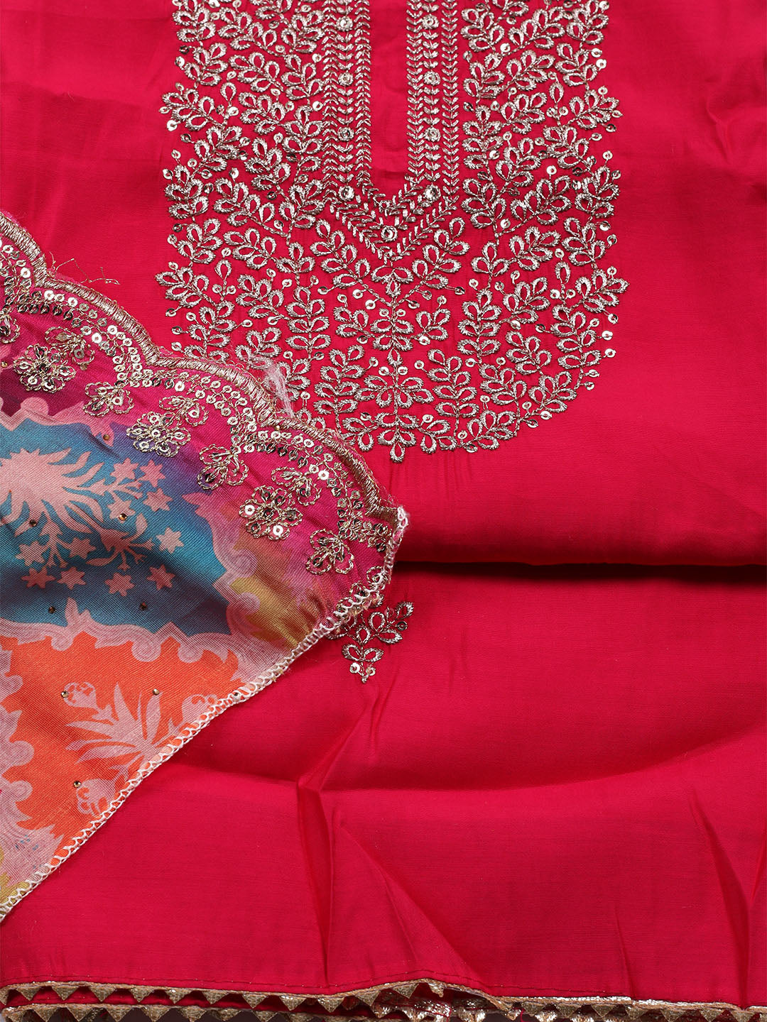 Neck Embroidered Chanderi Unstitched Suit With Dupatta
