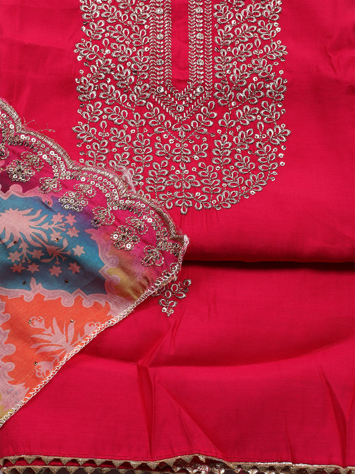 Neck Embroidered Chanderi Unstitched Suit With Dupatta