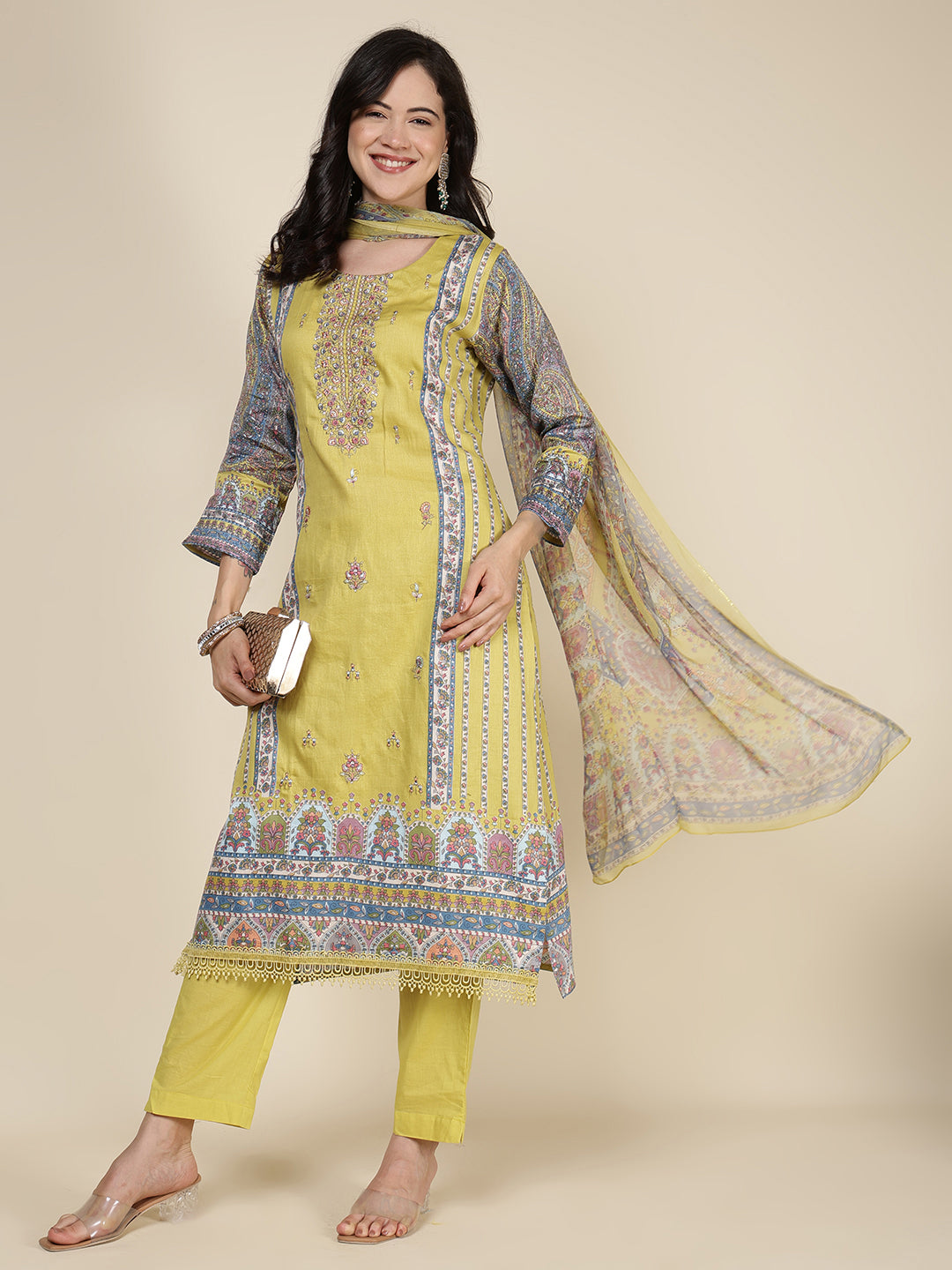 Printed Cotton Blend Kurta With Pants & Dupatta