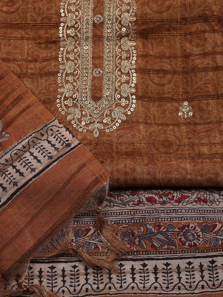 Embroidered Art Silk Unstitched Suit With Dupatta