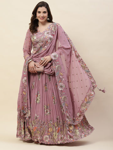 Resham Embroidered Georgette Choli With Lehenga & Dupatta