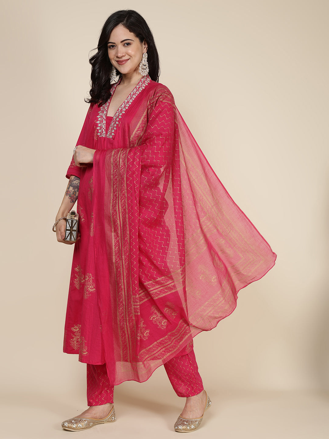 Printed Cotton Blend Kurta With Pants & Dupatta