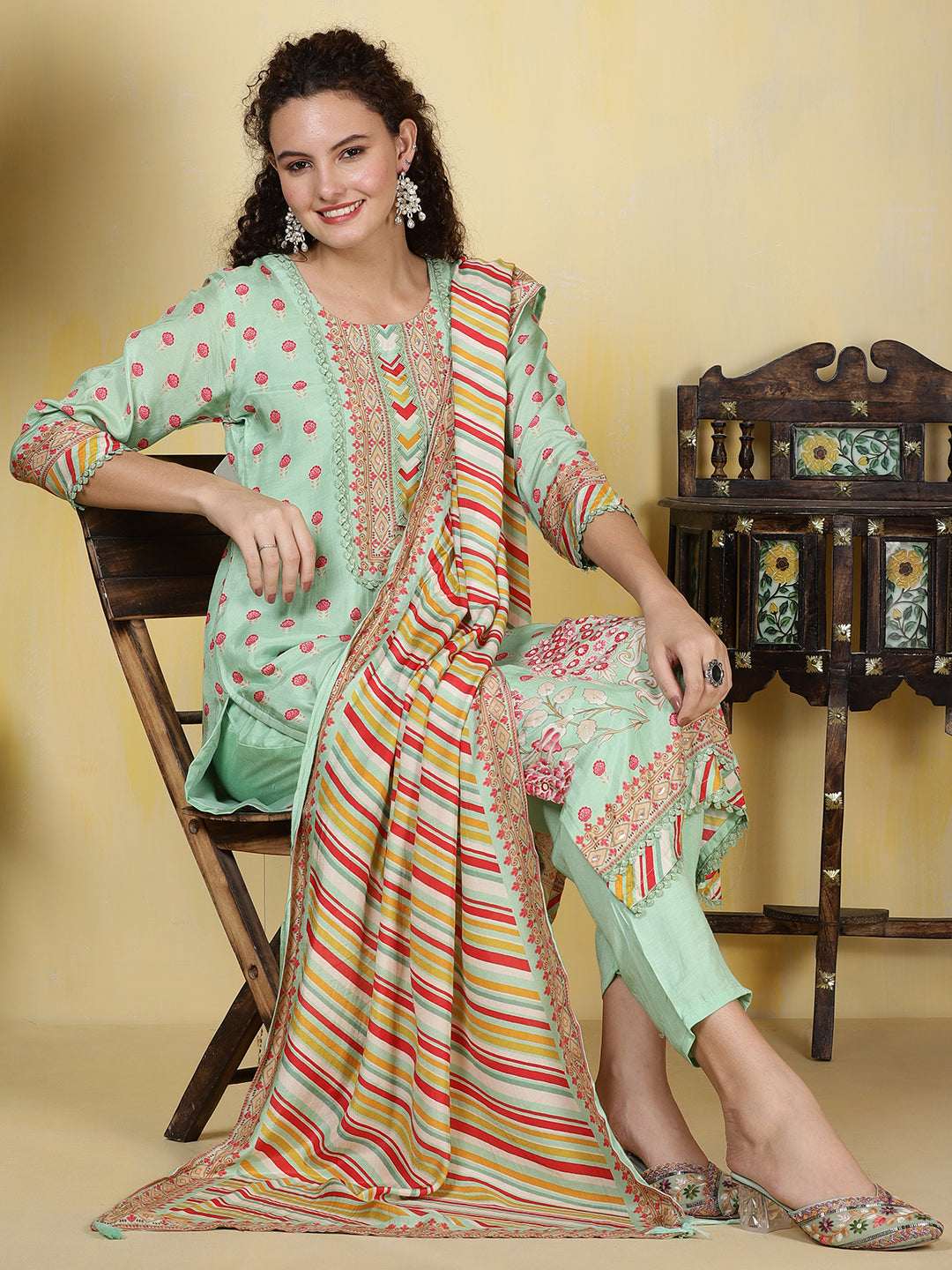 Printed Muslin Kurta With Pants & Dupatta