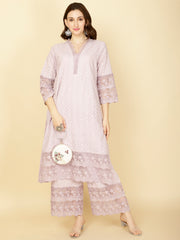 Thread Embroidery Cotton Kurta With Pants