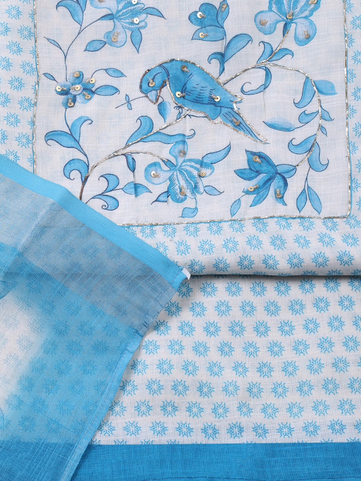 Printed Linen Blend Unstitched Suit With Pant &amp; Dupatta