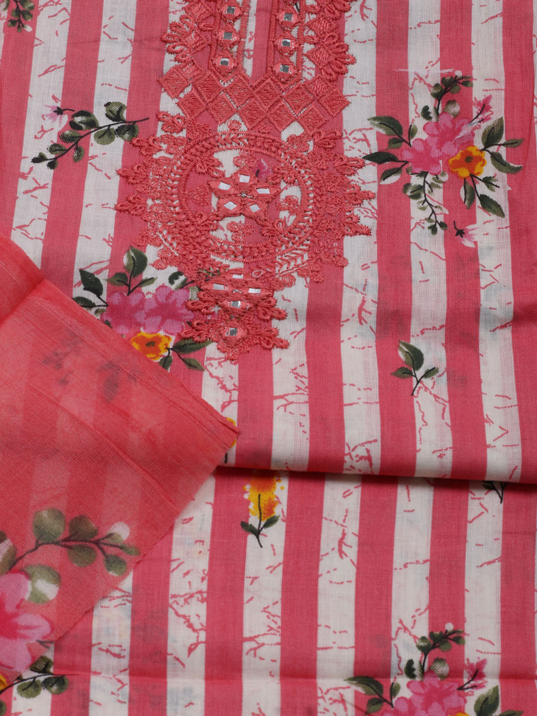 Patch Neck Cotton Blend Unstitched Suit With Dupatta