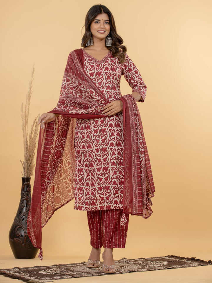Red Embroidered Cotton Blend Straight Suit Set With Dupatta