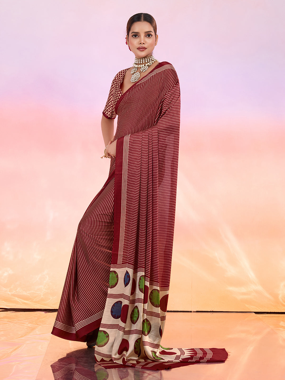 Maroon Printed Satin Saree