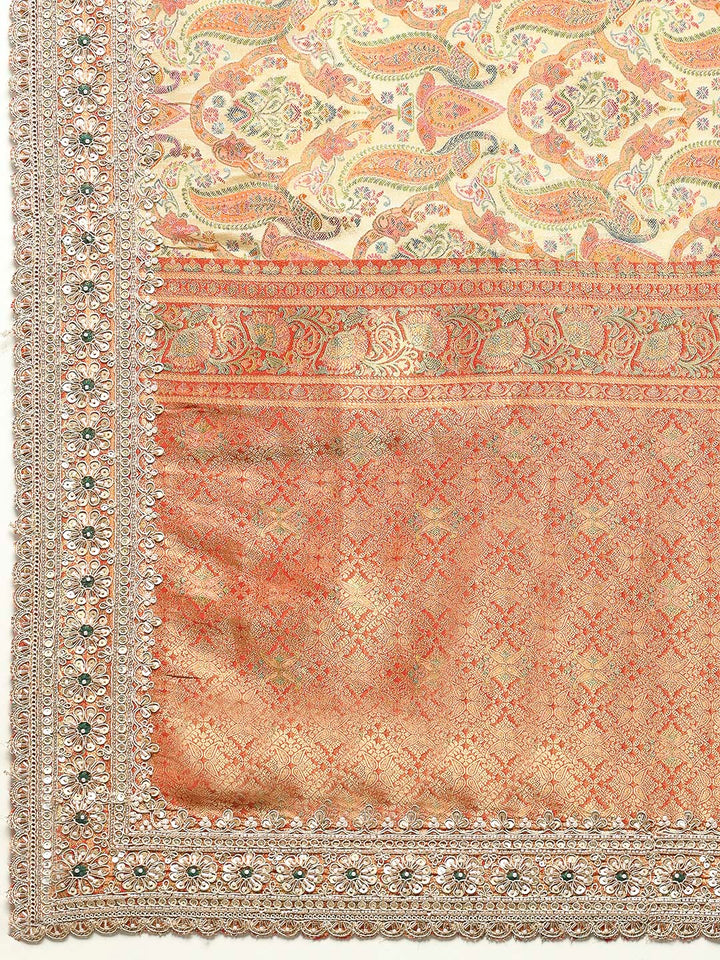 Printed &amp; Border Embroidered Crepe Saree